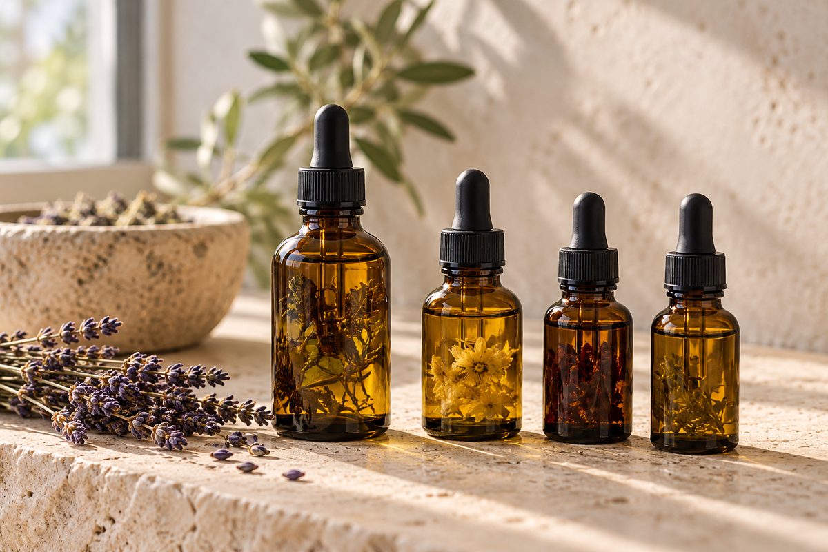 Amber dropper bottles containing concentrated botanical essences for sleep candles