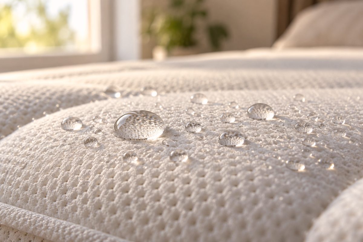 Water droplets beading on water-resistant breathable bedding fabric