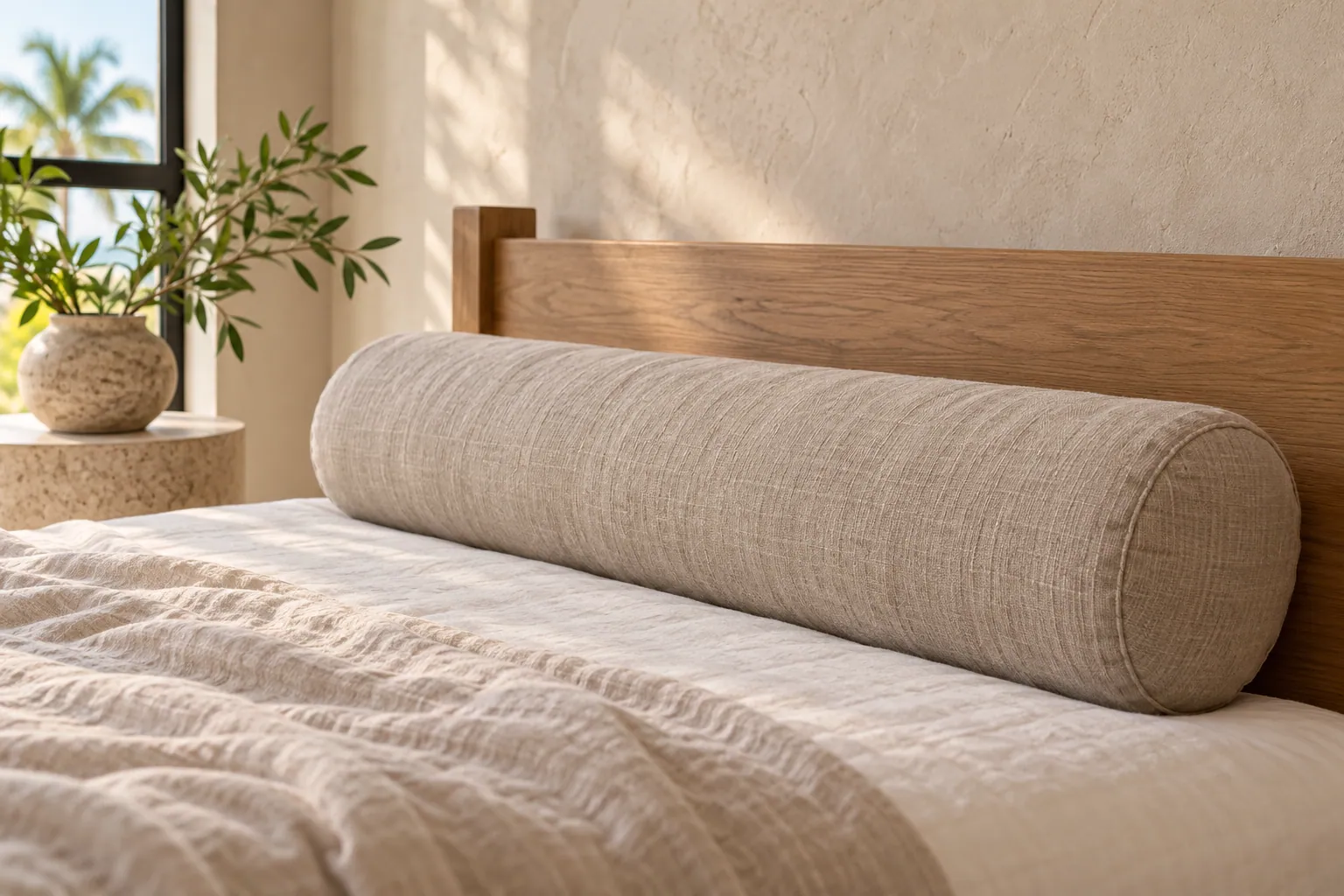 Linen covered cervical bolster pillow positioned at headboard