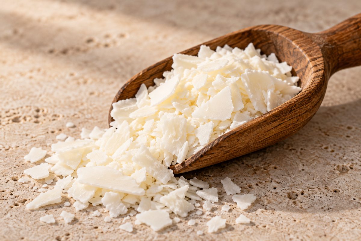 Creamy botanical soy wax flakes for candle pouring in a wooden dish