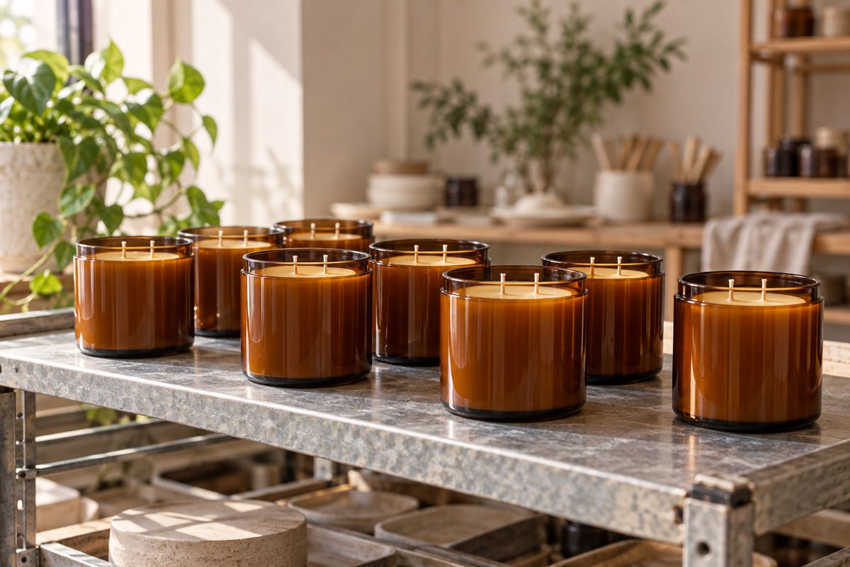 Twelve 16 oz dual-wick amber candles solidifying on studio curing shelf