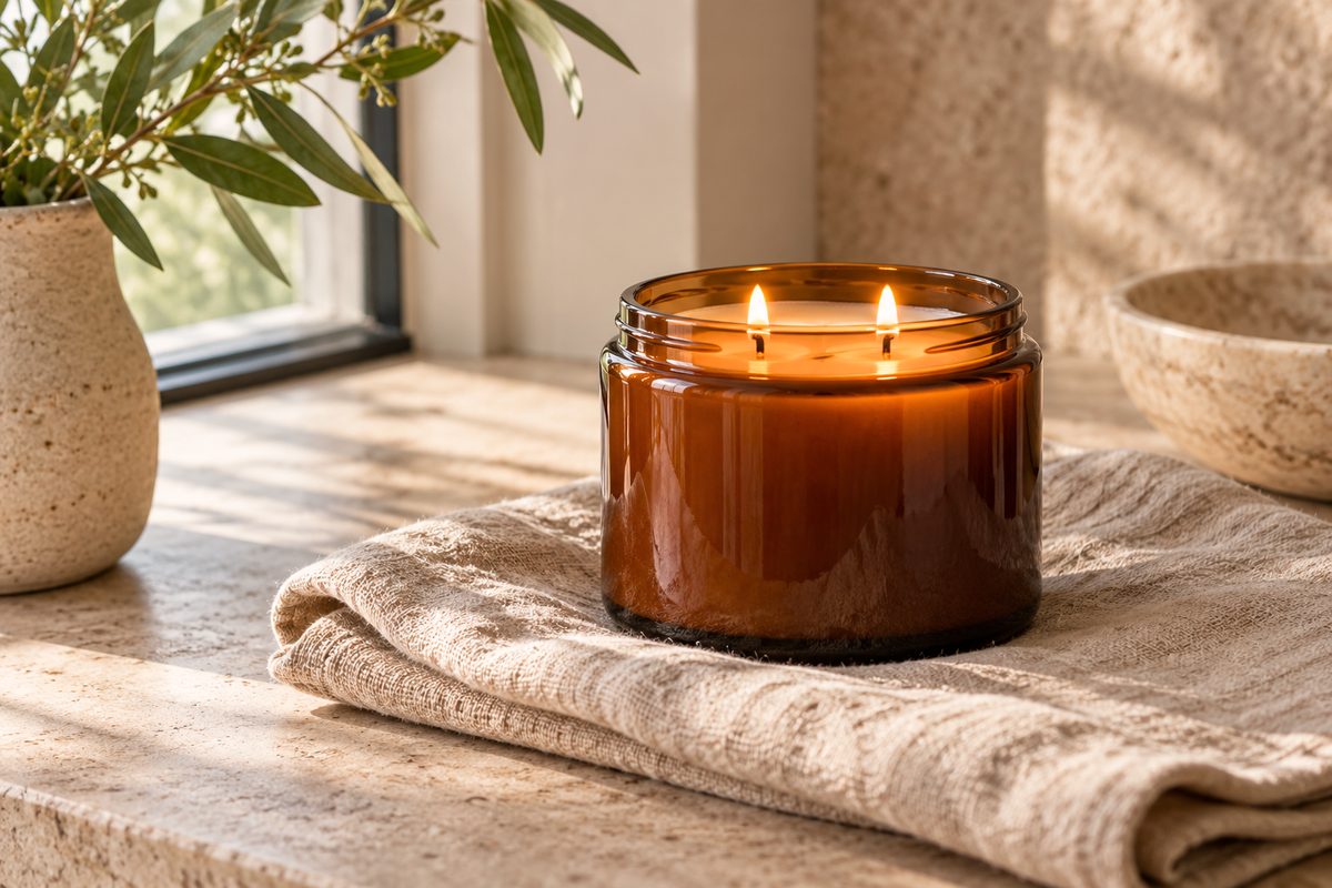 Large 16 oz two-wick amber candle resting on stone-washed linen textile