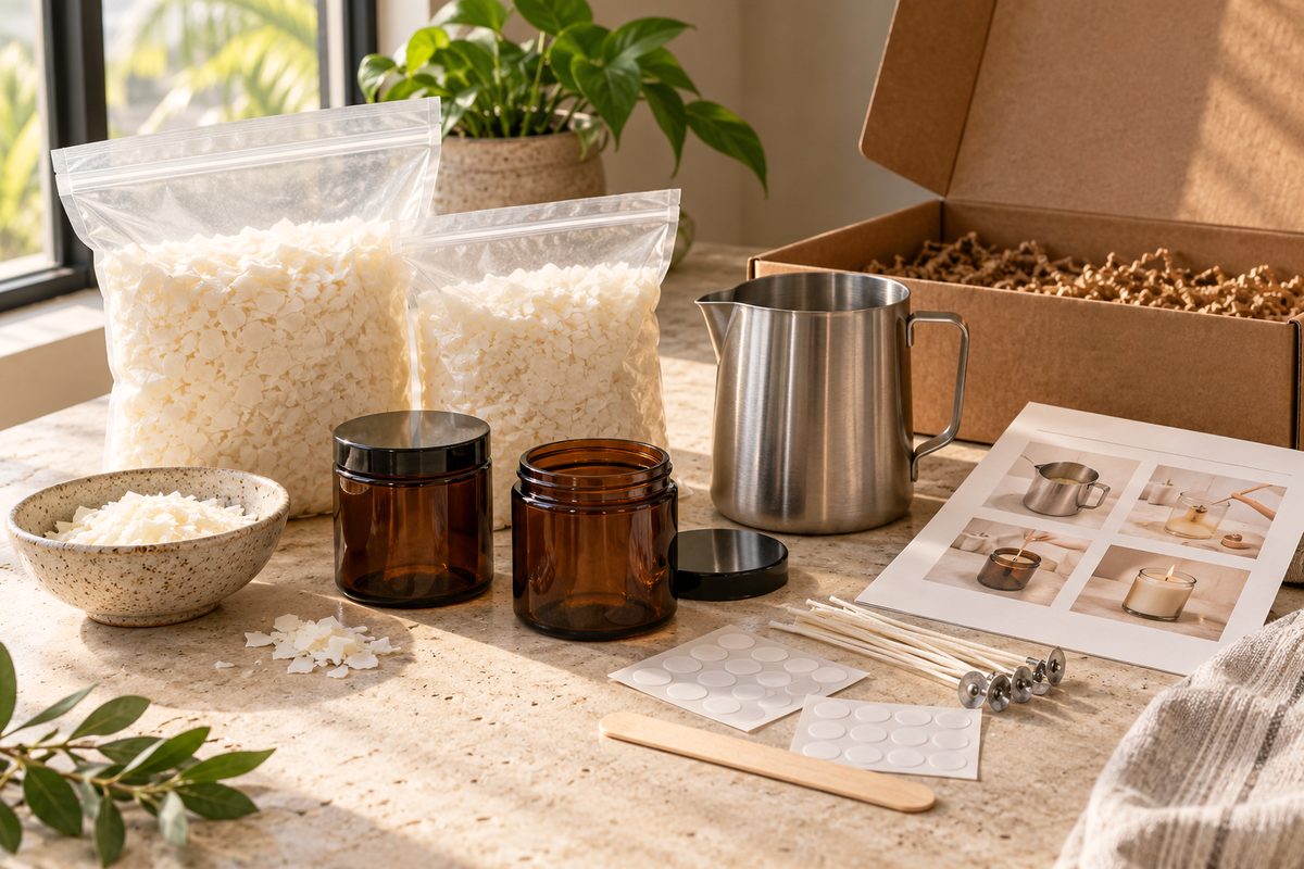 Candlecraft home making kit showing jars, wax flakes, and pouring tools