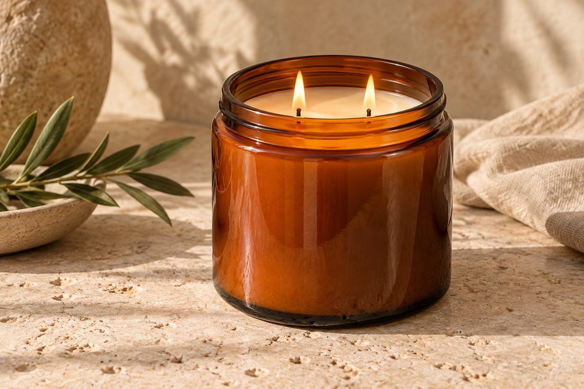 Wide-mouth 16 oz amber candle jar featured on catalog pedestal