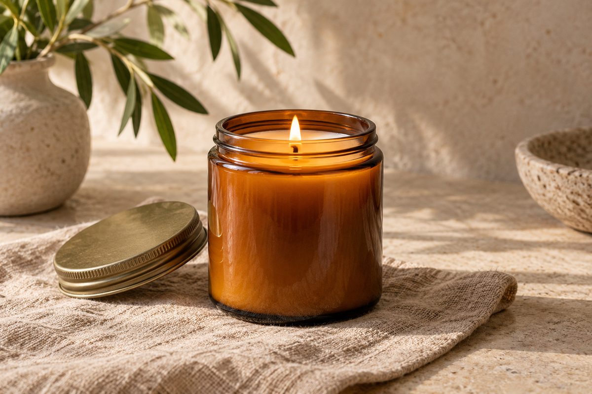 Apothecary 9 oz amber candle jar beside lid on catalog staging block