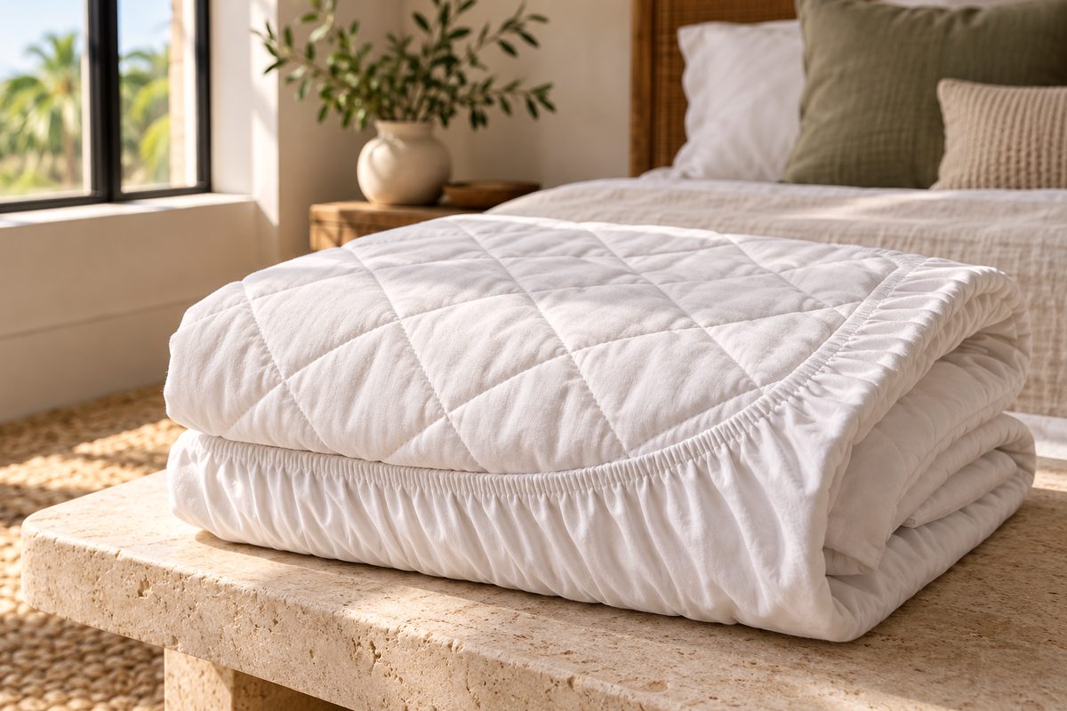 Washed cotton mattress protector neatly folded to display quilting and skirt hem