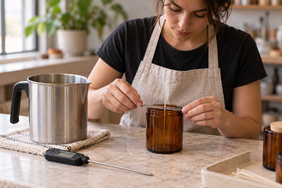 Prepared workshop attendee station with pouring pitcher and amber glass jar