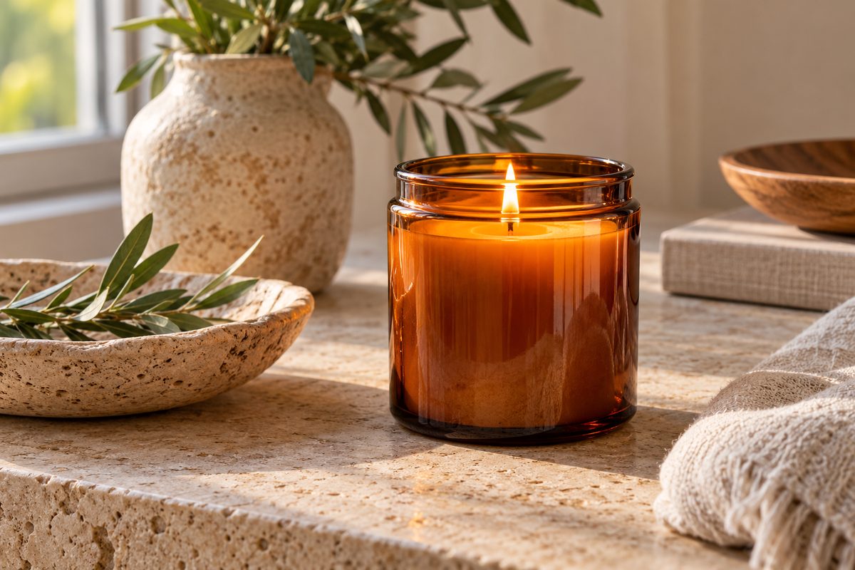 Lit candle flame casting soft warm amber glow across glass rim