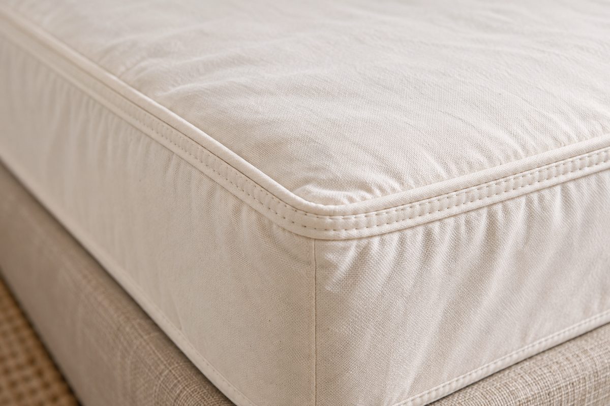 Double-stitched reinforced perimeter edge of cotton mattress encasement