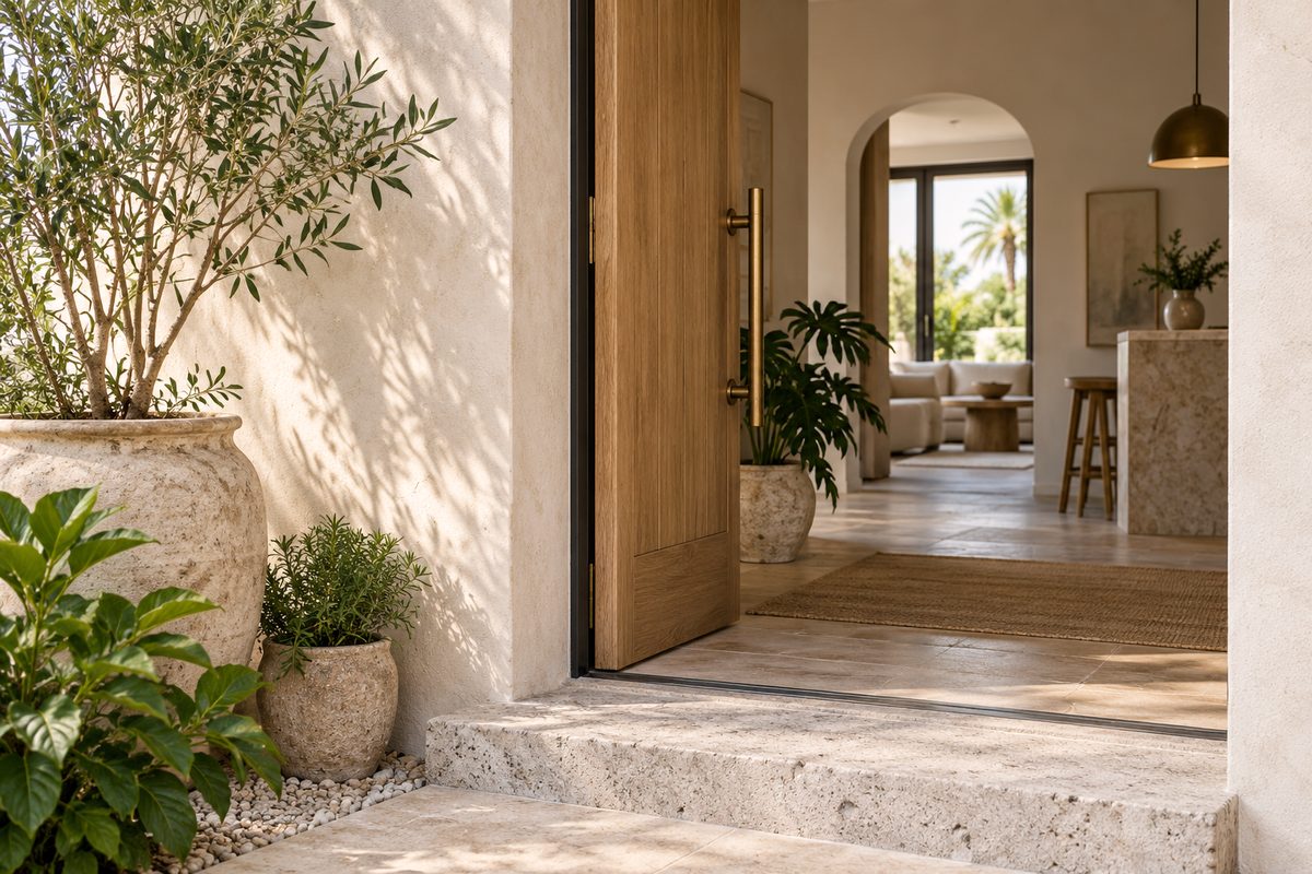 Quiet studio doorway and architectural threshold at 42 Aegean Avenue