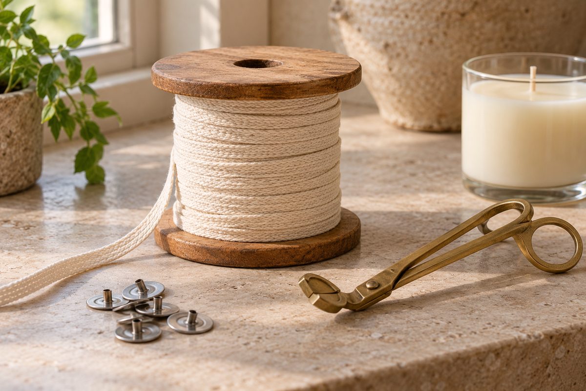 Spool of braided cotton wick with brass trimmer on stone surface