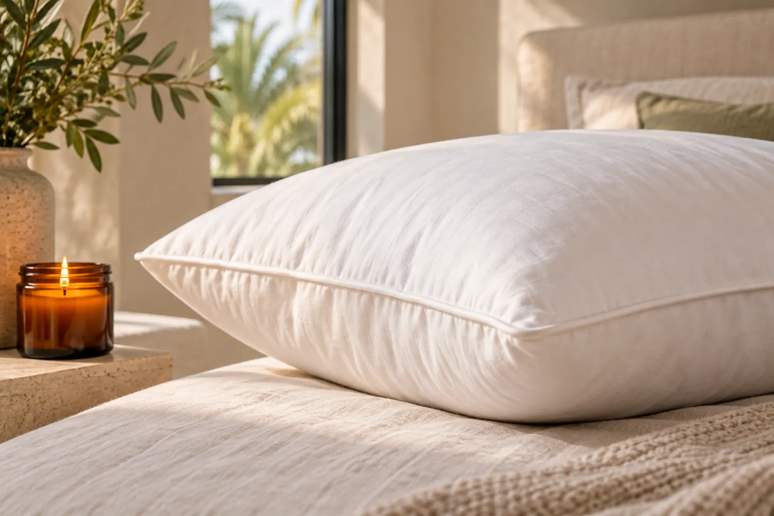 Gusseted pillow corner with tailored piping beside bedside candle