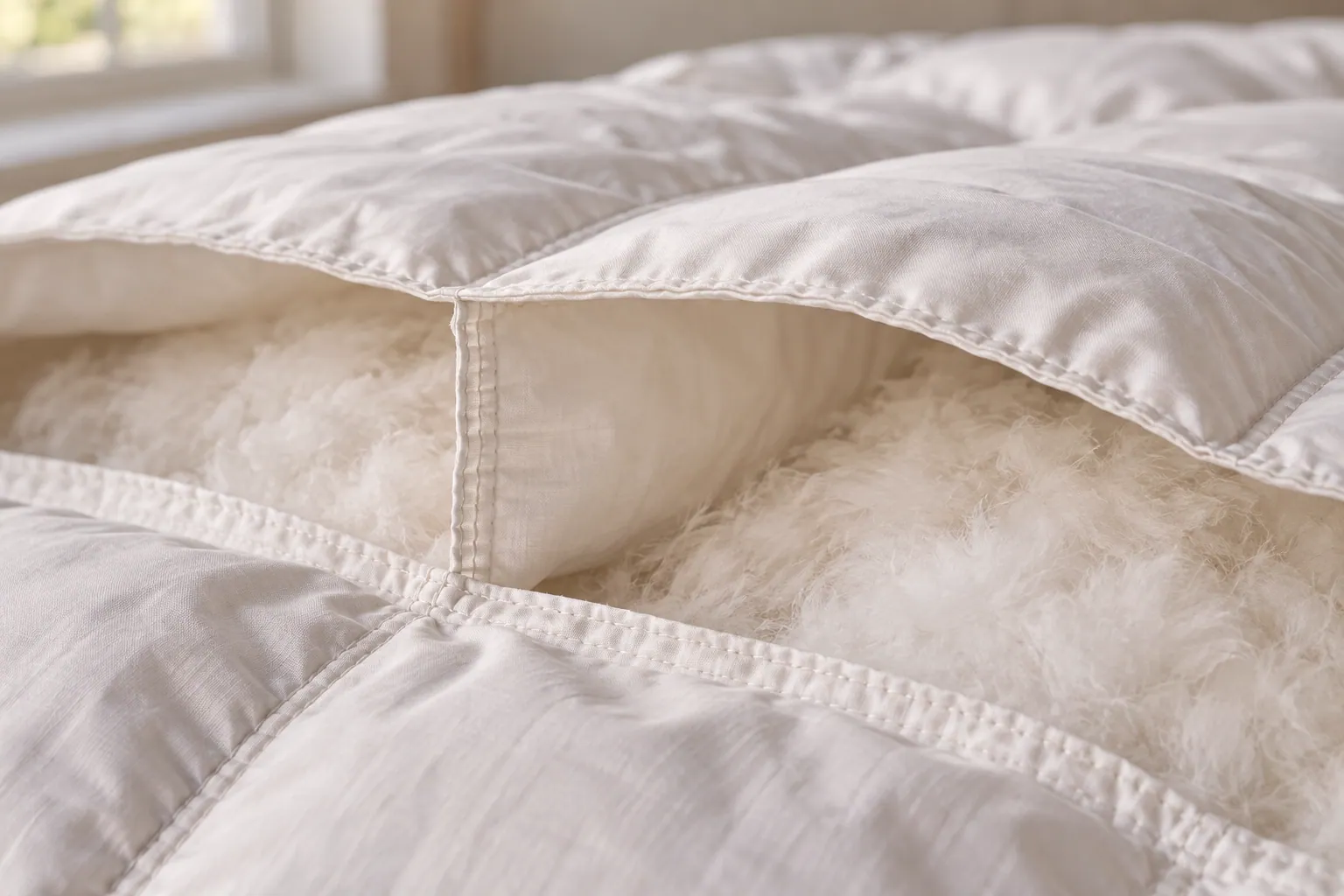 Baffle box duvet insert construction demonstrating internal height walls