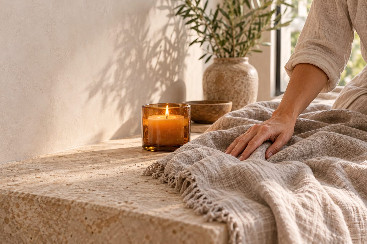 Artisan hand setting a textured linen throw beside an amber candle with soft flame
