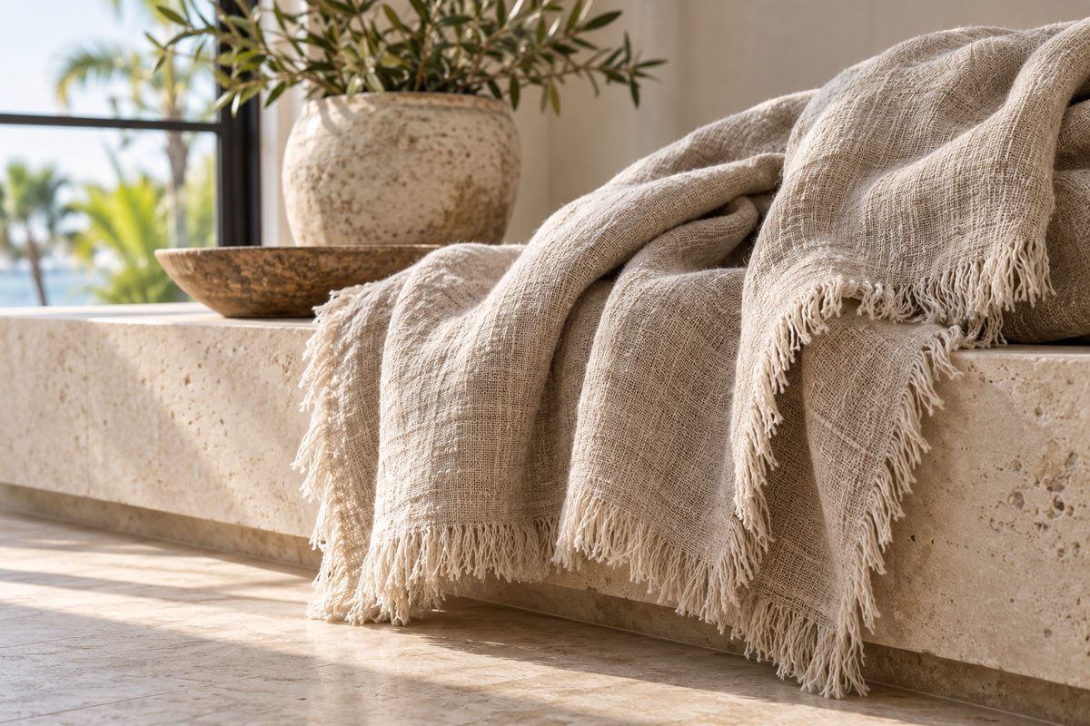 Textured woven flax linen throw blanket with soft eyelash fringe