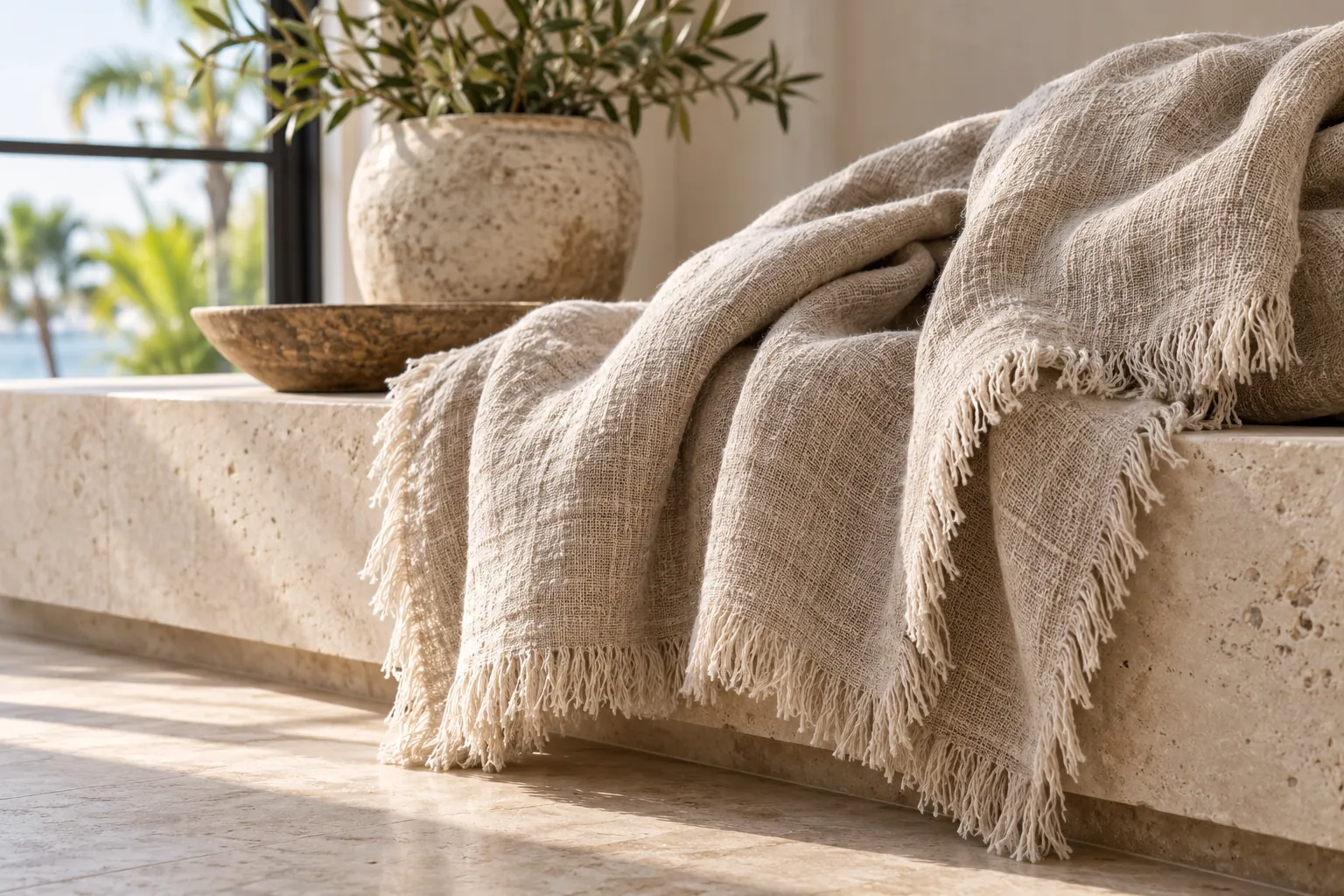 Textured woven flax linen throw blanket with soft eyelash fringe