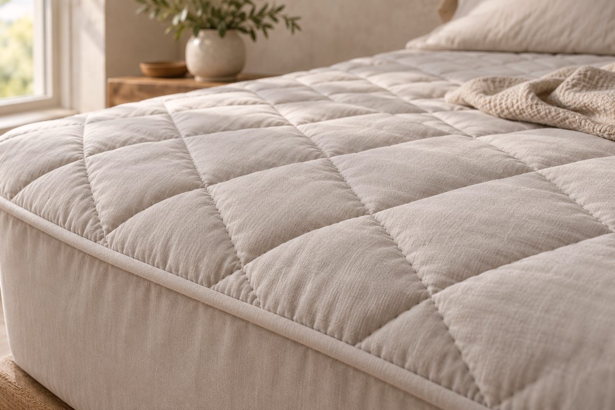 Quilted washed cotton mattress protector texture with reinforced stitching