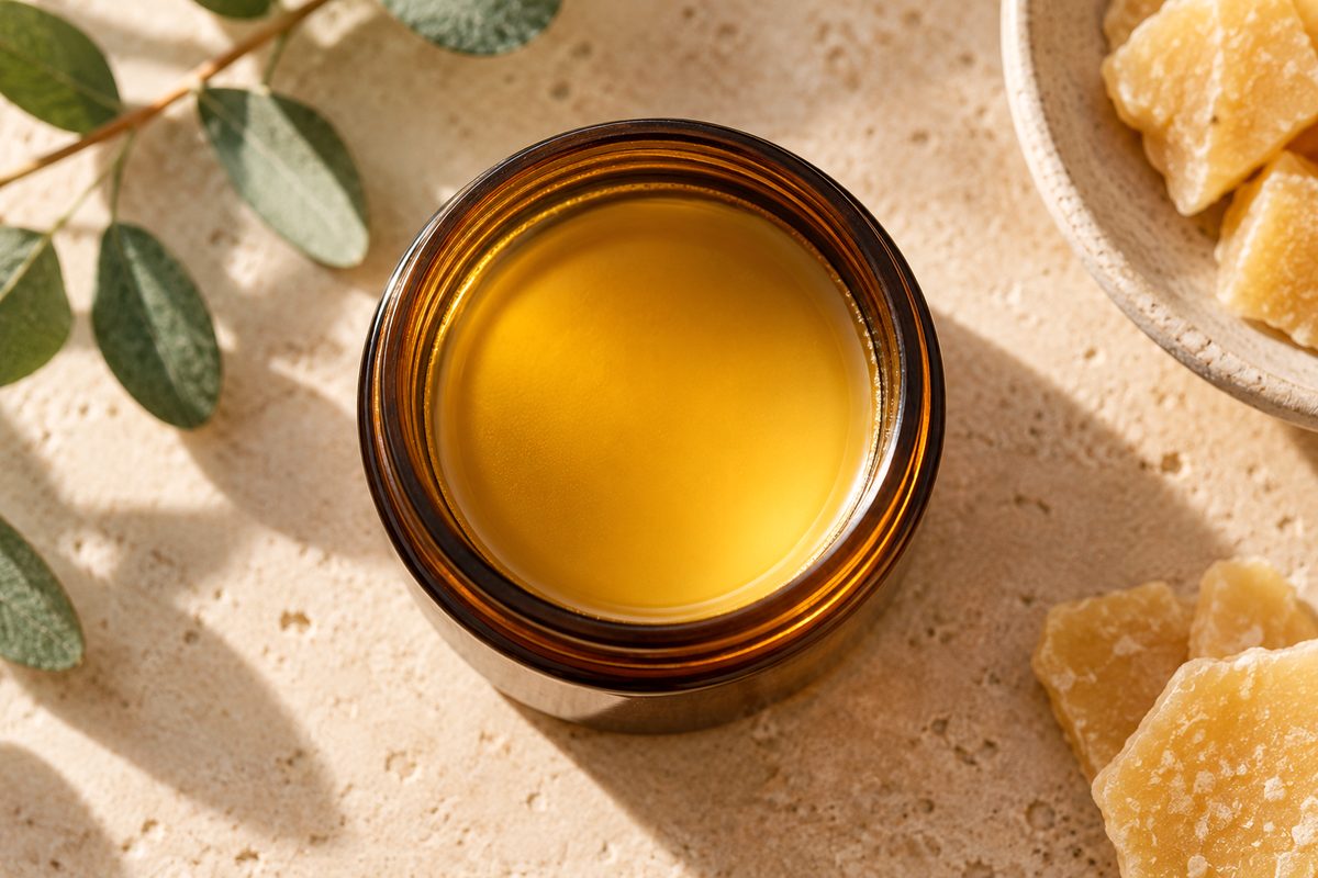 Circular edge-to-edge liquid wax melt pool in an amber jar candle