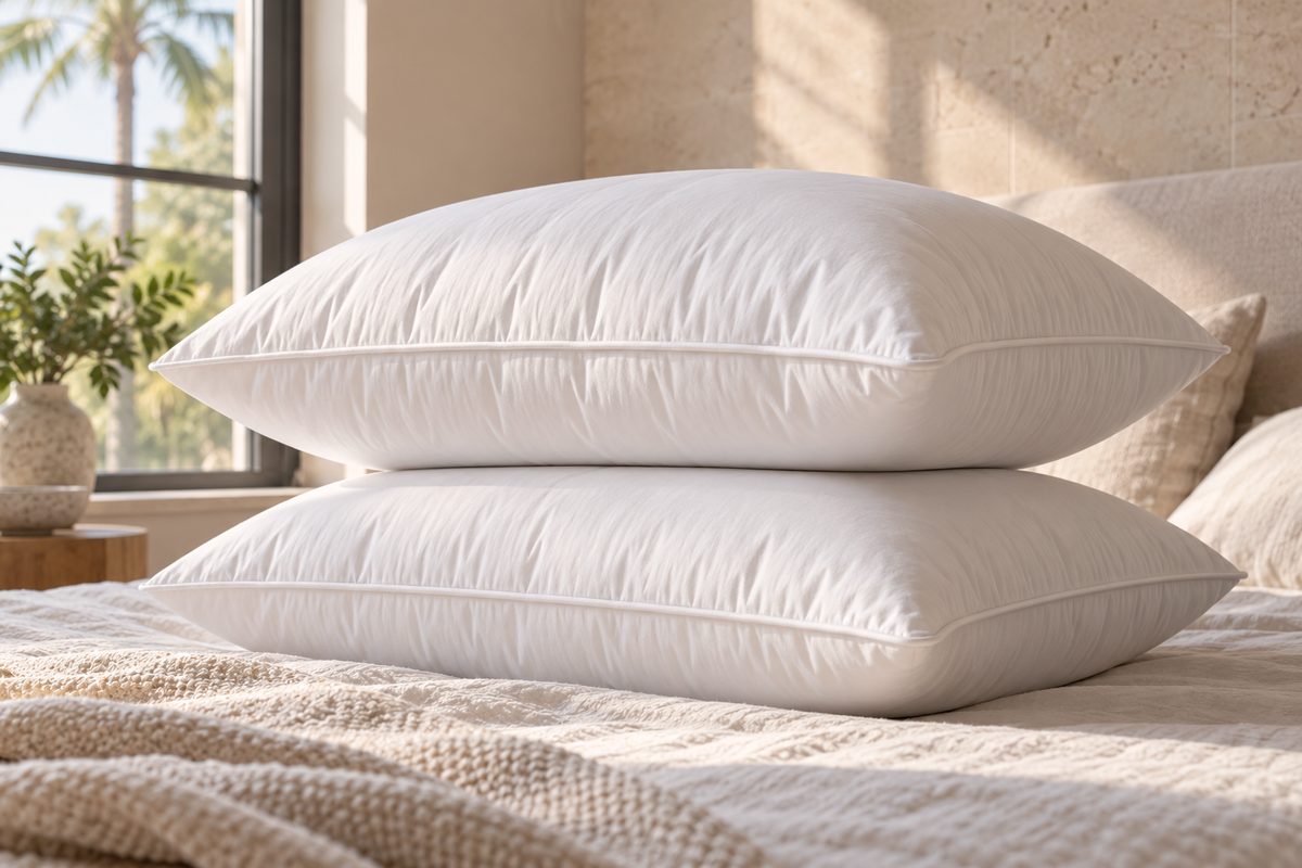 Stacked chamber-fill pillows highlighting firm loft and structural side walls