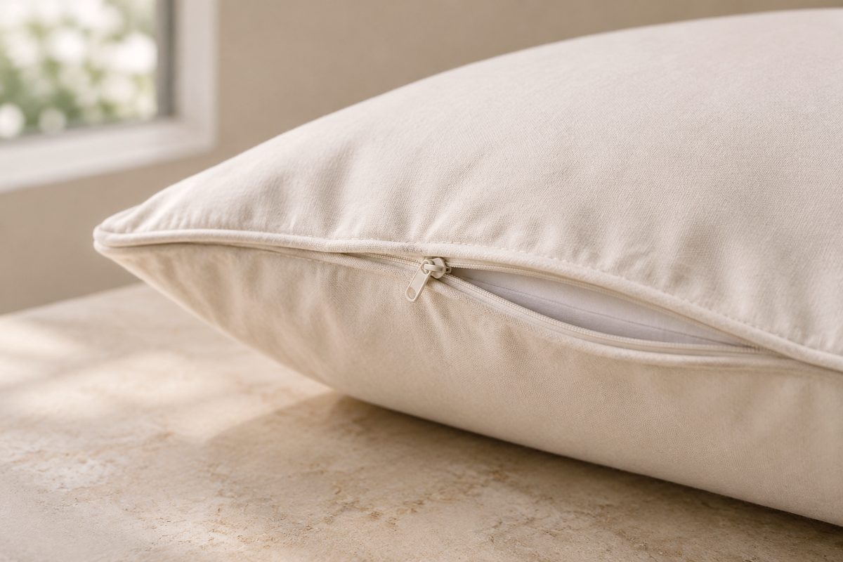 Concealed zipper seam on a cotton barrier pillow encasement