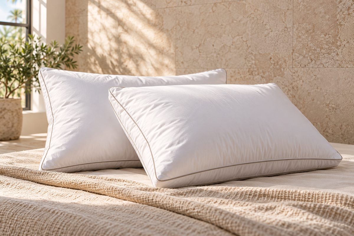 Duo arrangement of gusseted down-alternative chamber pillows on styling bench