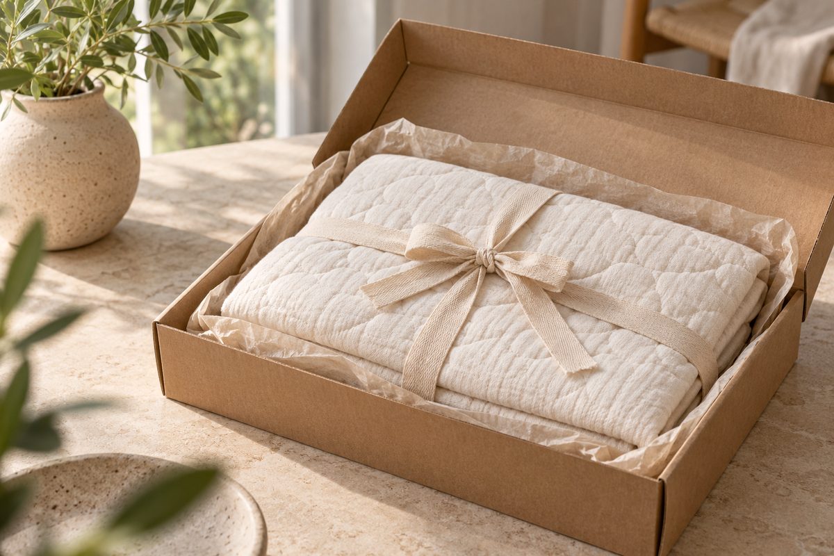 Neatly wrapped textile bedding protector packaged in cardboard shipping box