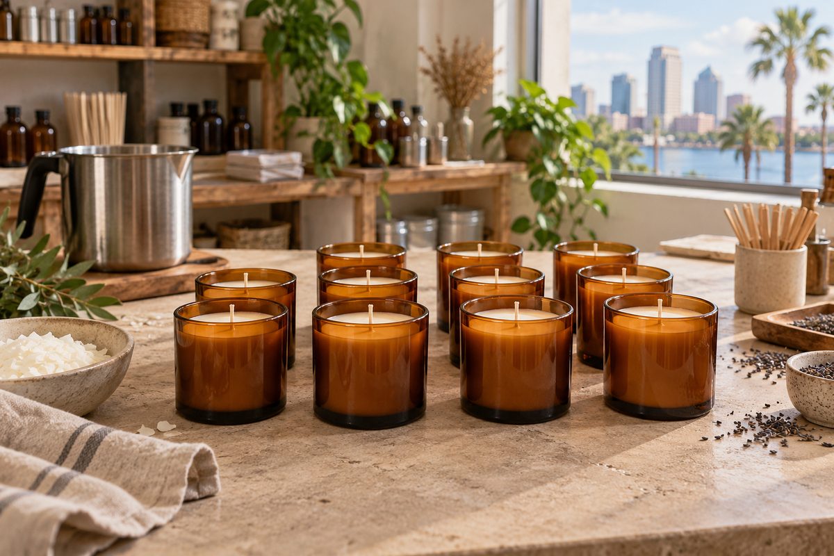 Tampa workshop bench with cooling amber glass candles in tidy rows