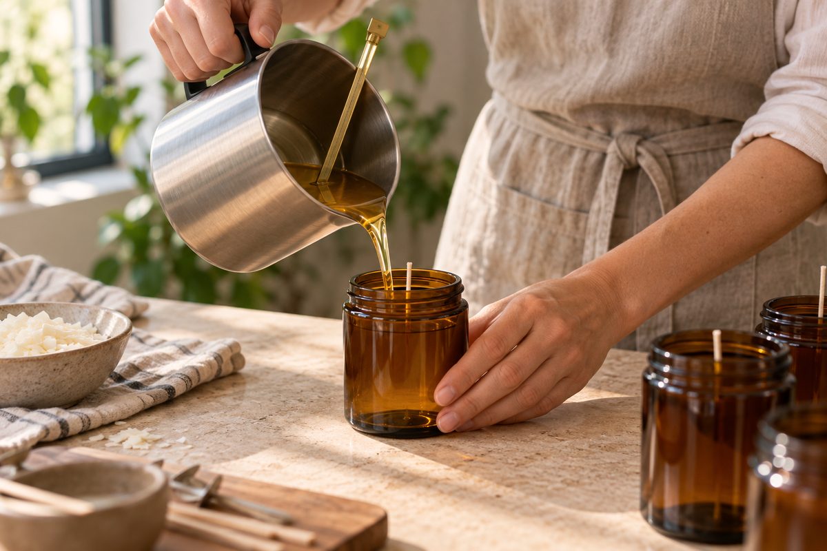 Hands pouring warm liquid wax into an amber candle jar