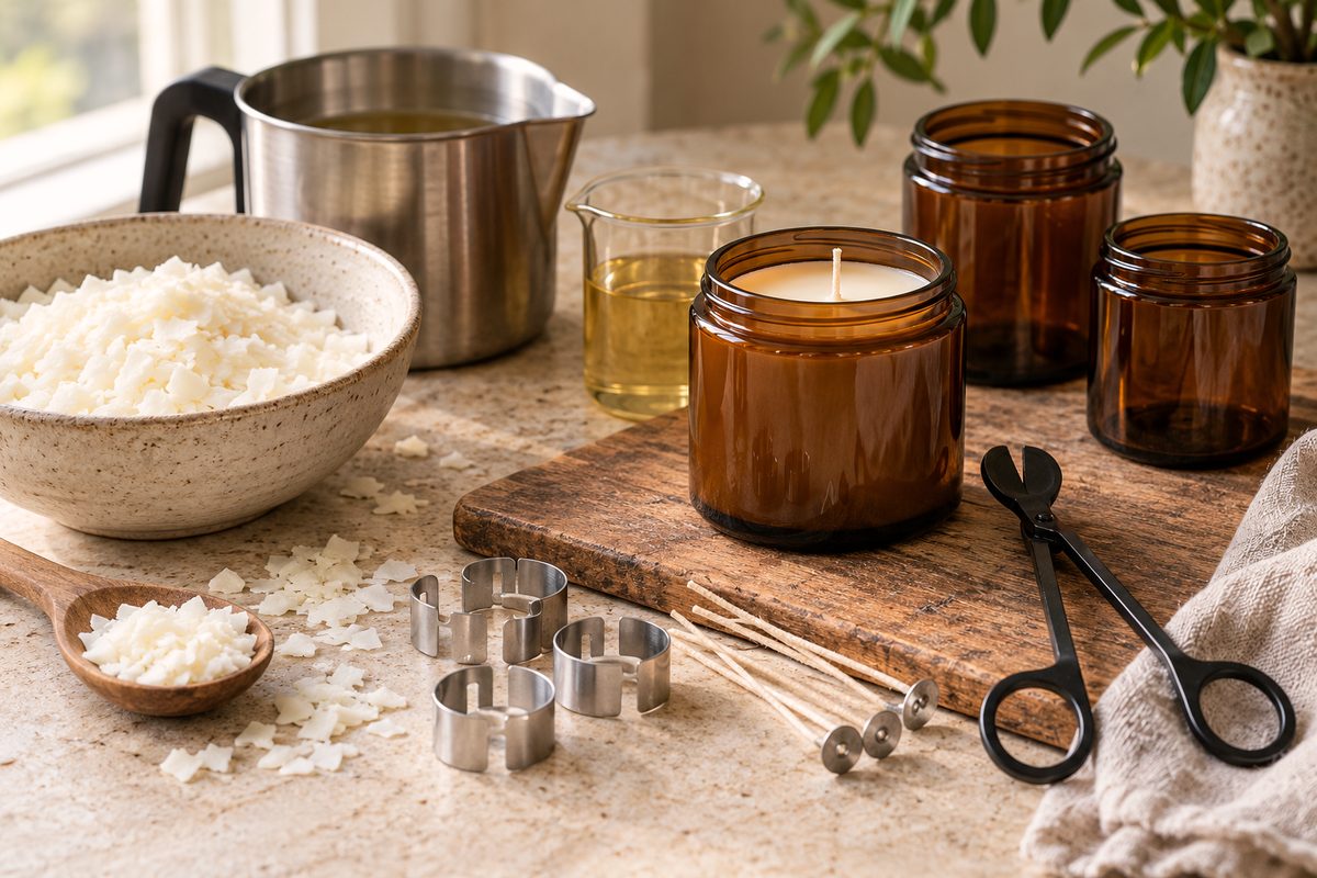 Studio bench equipped with candlecraft wicks, trimmer, jars, and pouring gear
